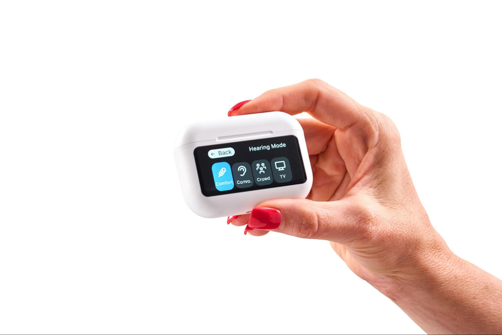 The Audien Atom X—the world's first touchscreen-controlled hearing aid.