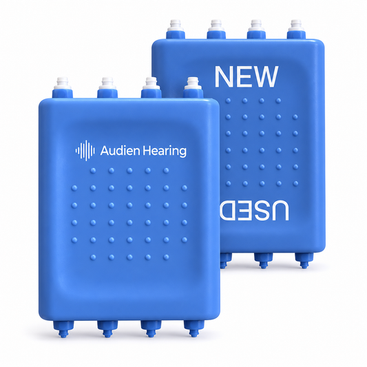Two blue devices with Audien Hearing branding, one labeled 'NEW' and the other 'USED'.