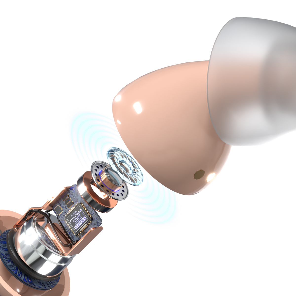 Close-up of the discreet Audien Atom 2 hearing aid