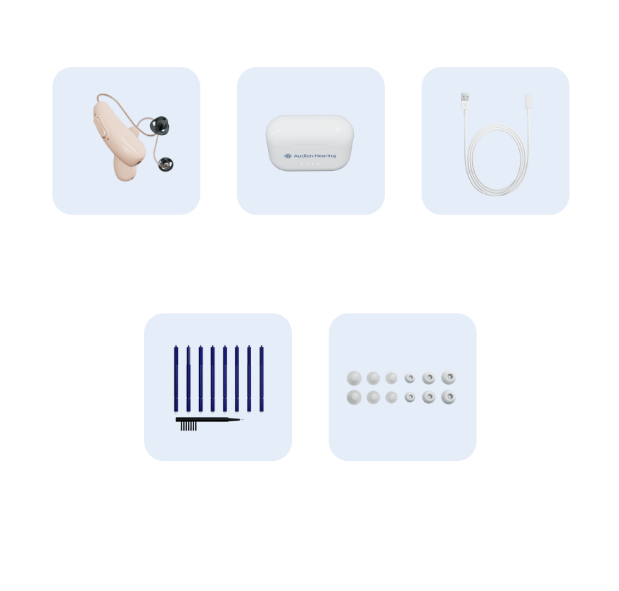 A set of hearing aid accessories arranged on a white background, each shown inside a pale blue rounded square. The set includes a beige behind-the-ear hearing aid, a white charging case, a white cable, a black-and-white directional microphone, and several small ear tips.
