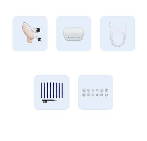 A set of hearing aid accessories arranged on a white background, each shown inside a pale blue rounded square. The set includes a beige behind-the-ear hearing aid, a white charging case, a white cable, a black-and-white directional microphone, and several small ear tips.