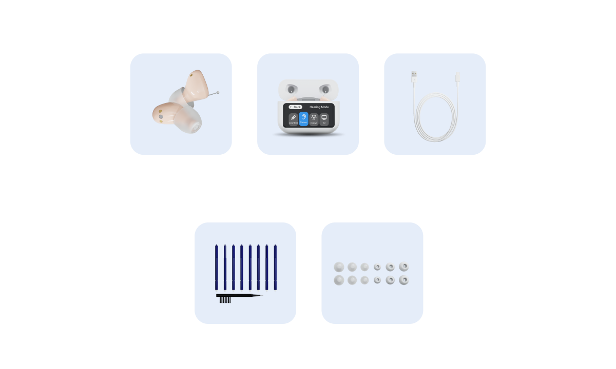 A set of five small product components arranged in a 2x3 grid on a white background: a beige earpiece, a small electronic device with a screen, a white cable, a black-and-white striped rectangular piece, and a row of round silver beads or buttons.