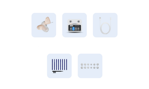 A set of five small product components arranged in a 2x3 grid on a white background: a beige earpiece, a small electronic device with a screen, a white cable, a black-and-white striped rectangular piece, and a row of round silver beads or buttons.