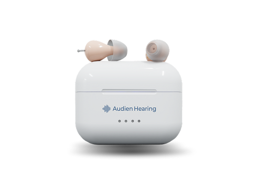 White hearing aid case with two earbuds on a white background, featuring the Audien Hearing logo.