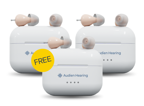 Three pairs of Audien Hearing devices with a free badge on a white background