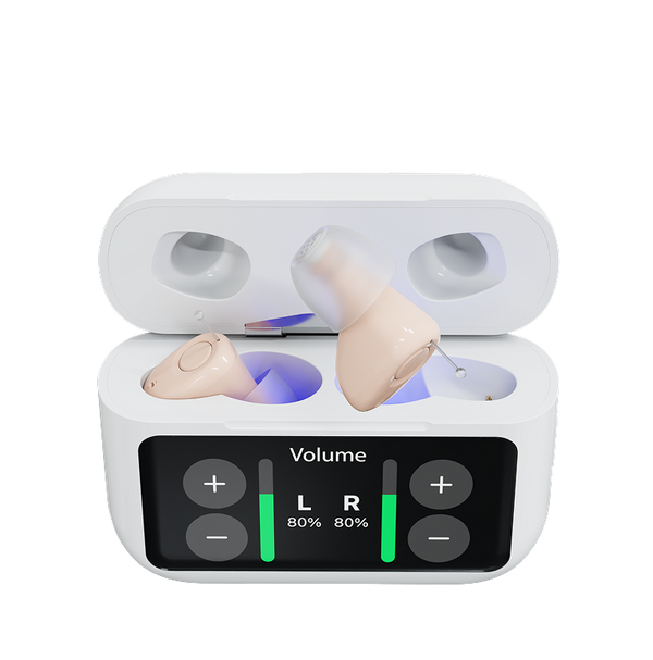 Atom X - White earbud case with wireless earbuds inside on a white background