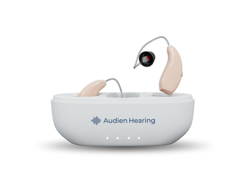 Audien Hearing device with two hearing aids on a white background
