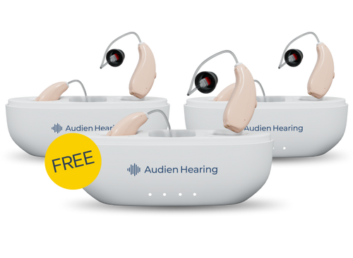Three Audien Hearing hearing aids with a free badge on a white background