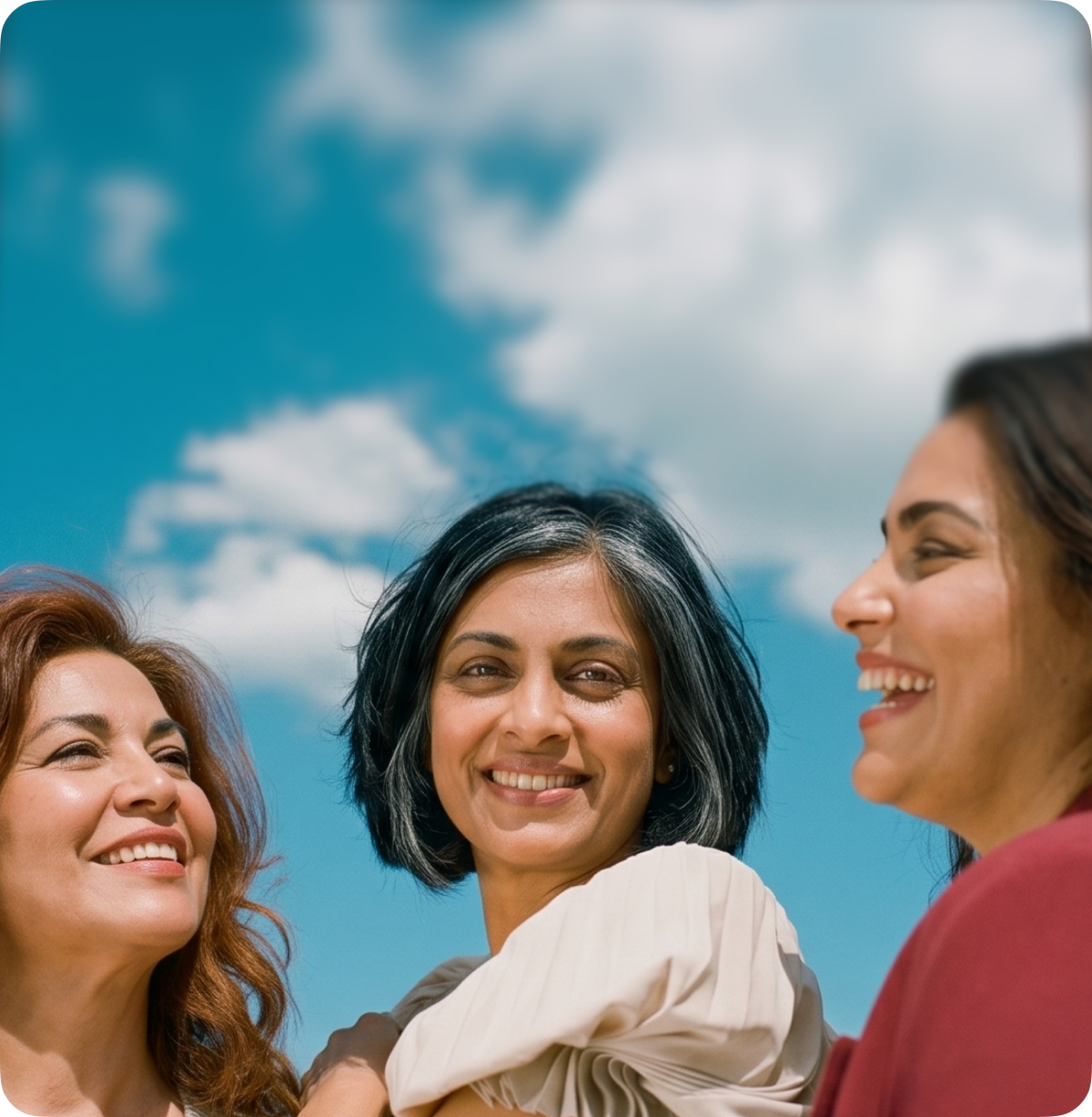Three smiling women looking upward against a bright blue sky with white clouds.