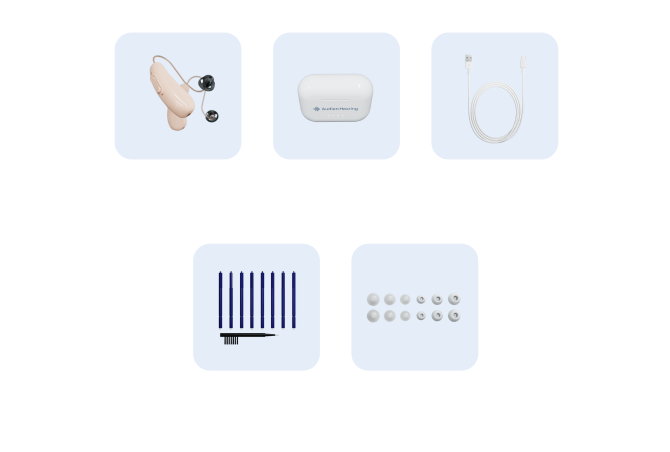 A set of five light blue square cards displaying components of a hearing aid kit, including the hearing aid itself, its charging case, a cable, a battery or sensor strip, and a row of small ear tips, arranged on a plain white background.
